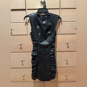 Zara Black Faux Leather Ruched-Side Sleeveless Mini Dress Size XS